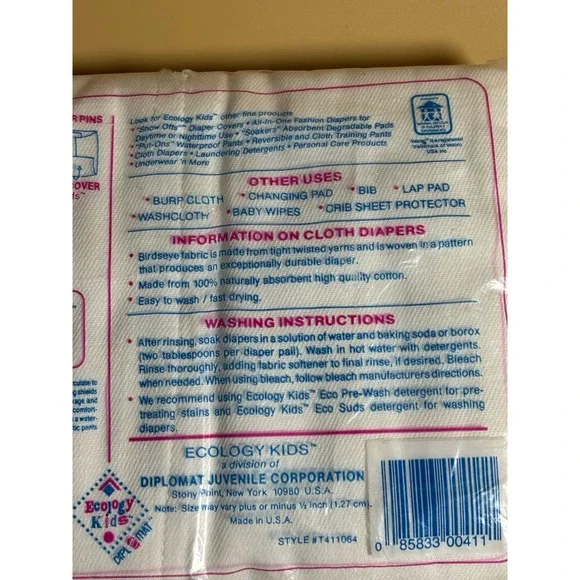 VTG Ecology Kids 6 Pack 100% Cotton Birdseye Flat Cloth Diapers NOS Discontinued
